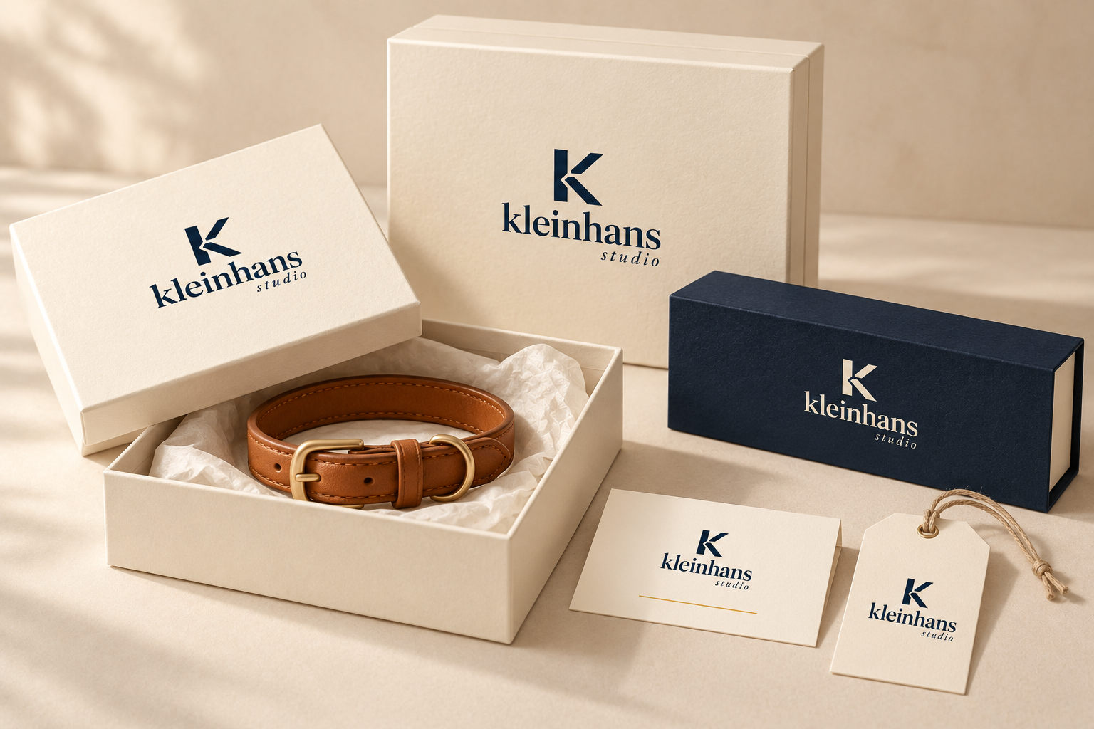 Vorgeschlagene Verpackung in Creme und Marineblau
